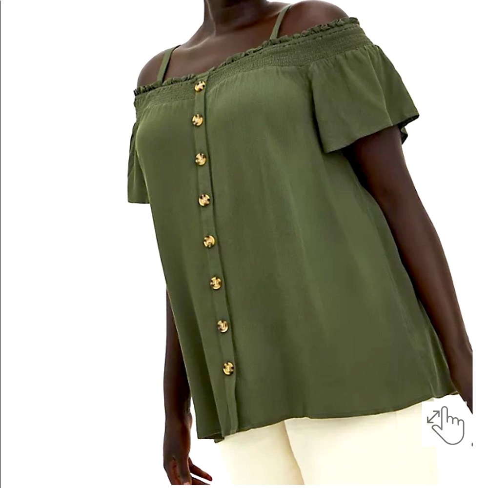Torrid Smocked Cold-Shoulder Blouse Gauze Olive Green NWT